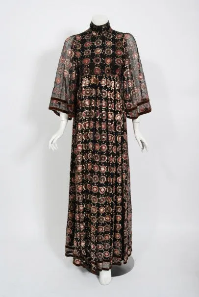 1970 Thea Porter Couture Metallic Embroidered Silk Chiffon Flutter-Sleeve Dress