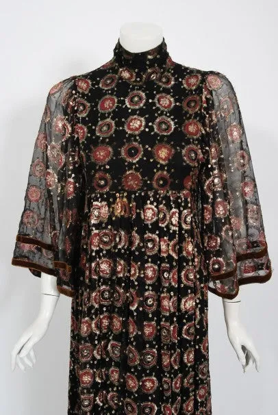 1970 Thea Porter Couture Metallic Embroidered Silk Chiffon Flutter-Sleeve Dress