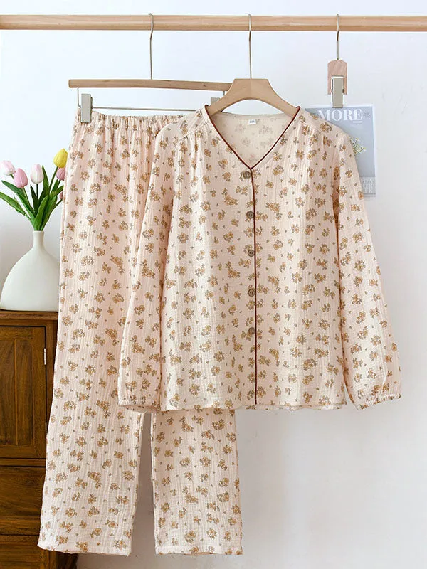 2Pcs Crepe V Neck Floral Pajamas