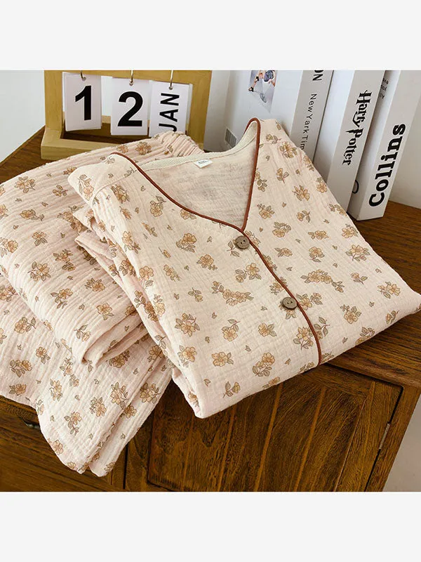 2Pcs Crepe V Neck Floral Pajamas