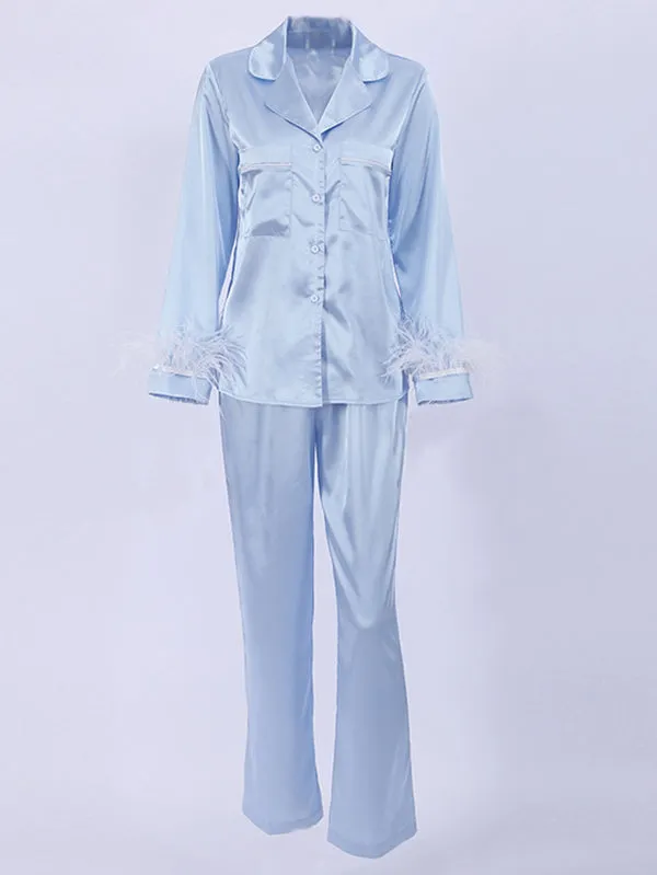 2Pcs Long Sleeve Silk Satin Button Collar Pajamas