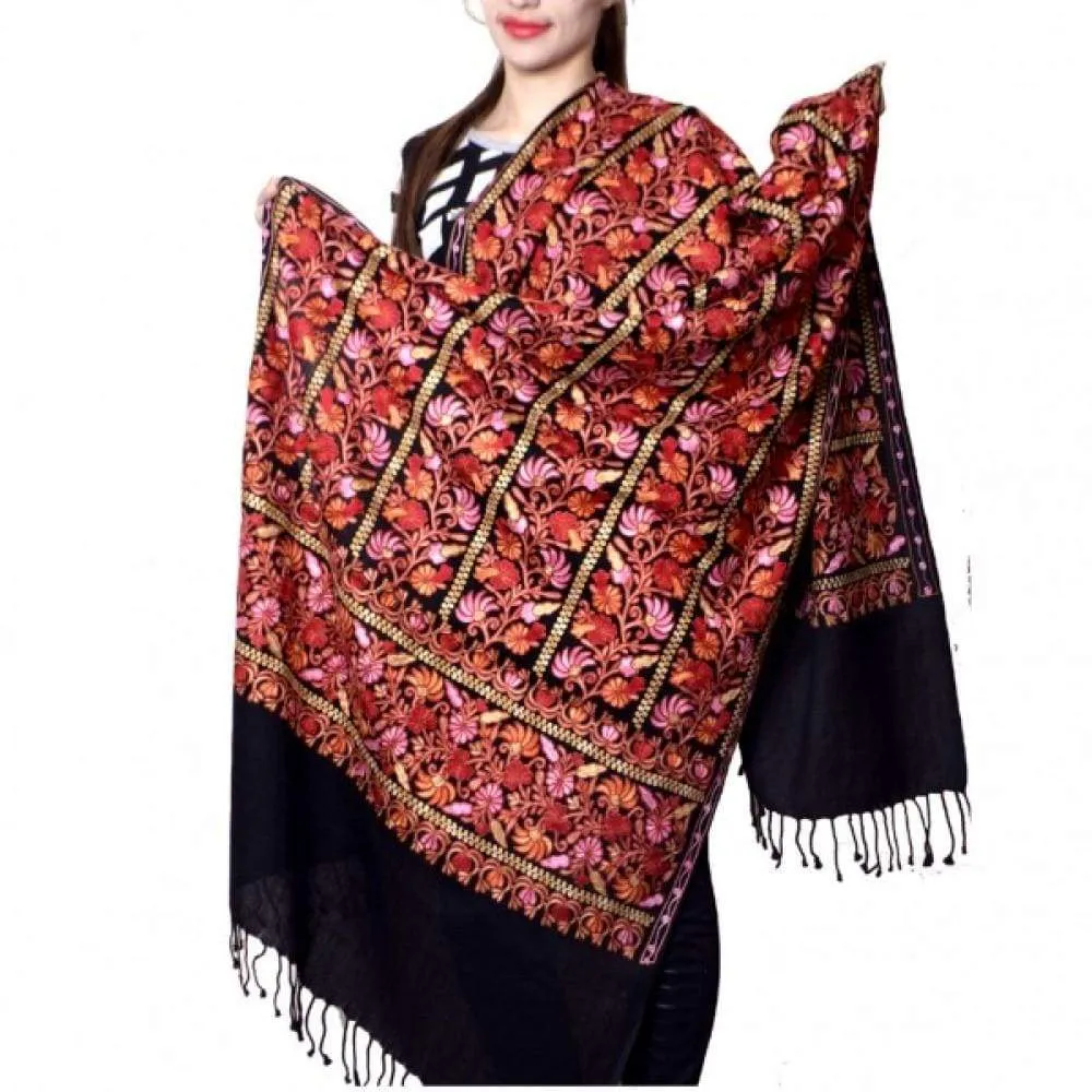 Black Color Kashmiri Work Embroidered Stole Enriched With Floral Paisley Pattern