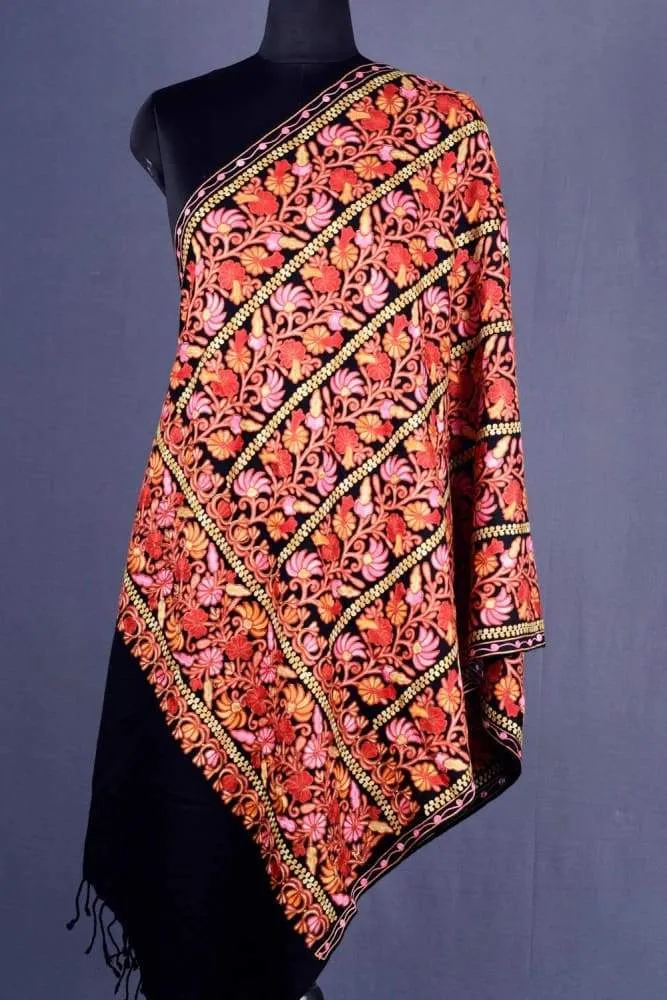 Black Color Kashmiri Work Embroidered Stole Enriched With Floral Paisley Pattern