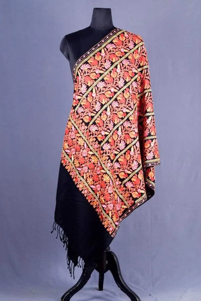 Black Color Kashmiri Work Embroidered Stole Enriched With Floral Paisley Pattern