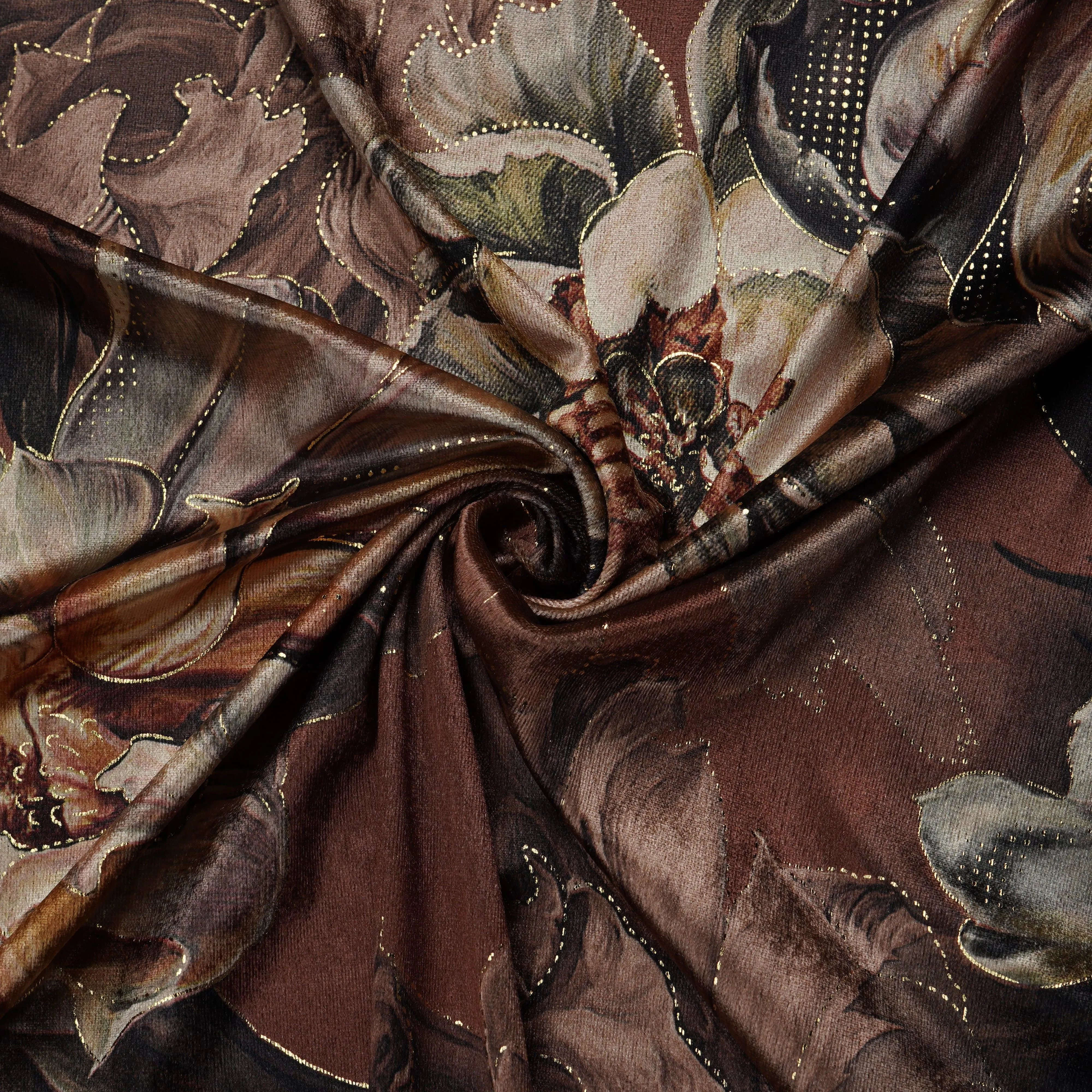 Brown Floral Print Velvet Silk Fabric 20395