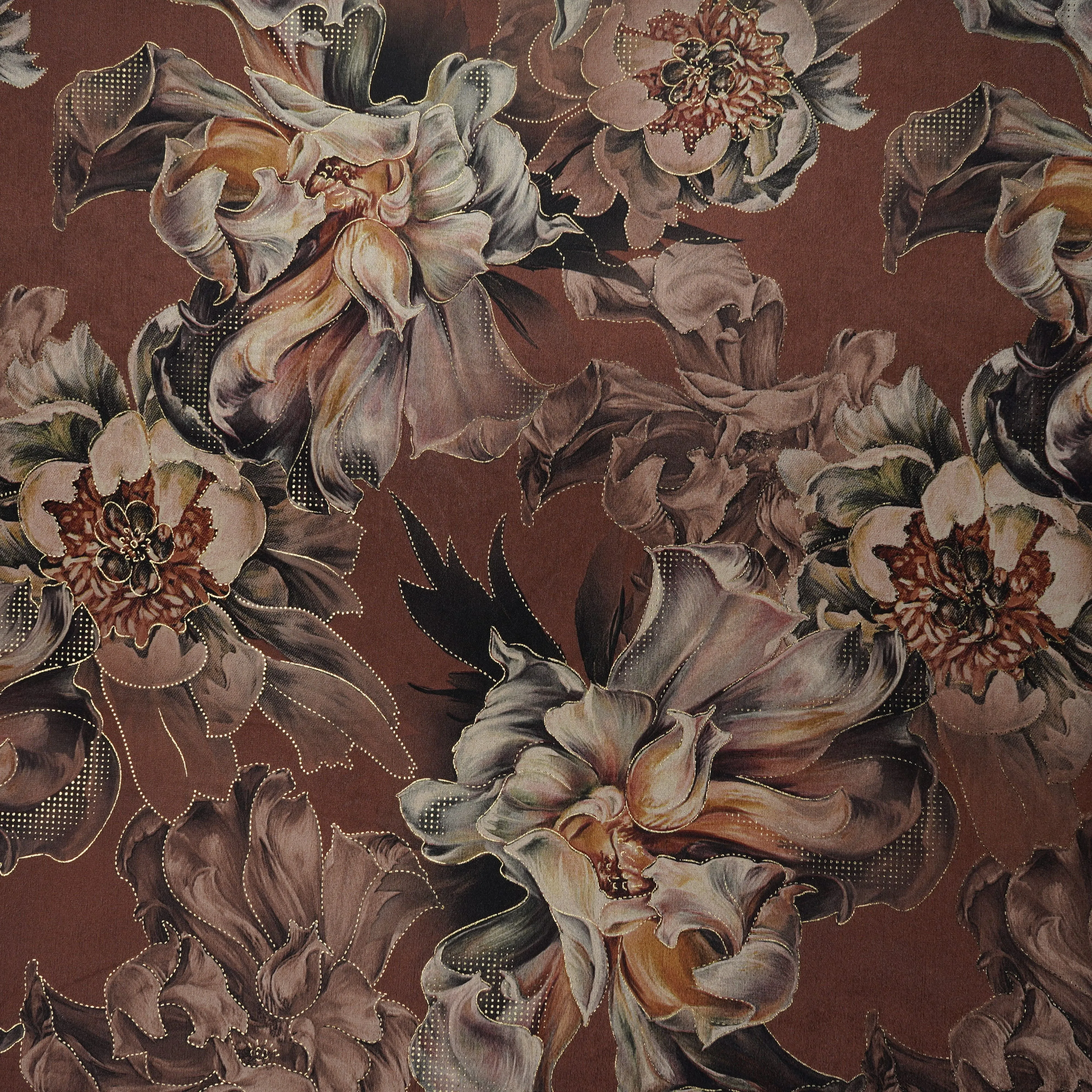 Brown Floral Print Velvet Silk Fabric 20395