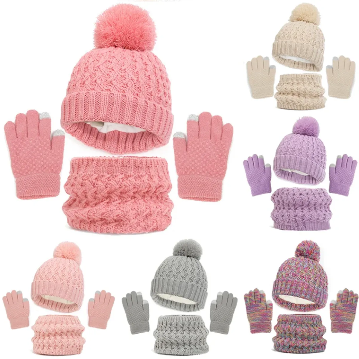 Children's Winter Warm Knit Beanie Hat Neck Scarf Gloves