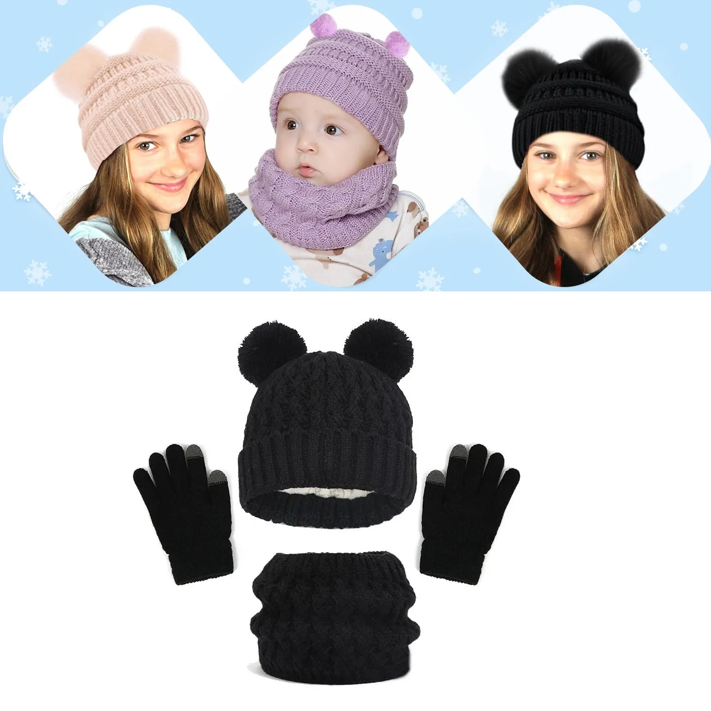 Children's Winter Warm Knit Beanie Hat Neck Scarf Gloves