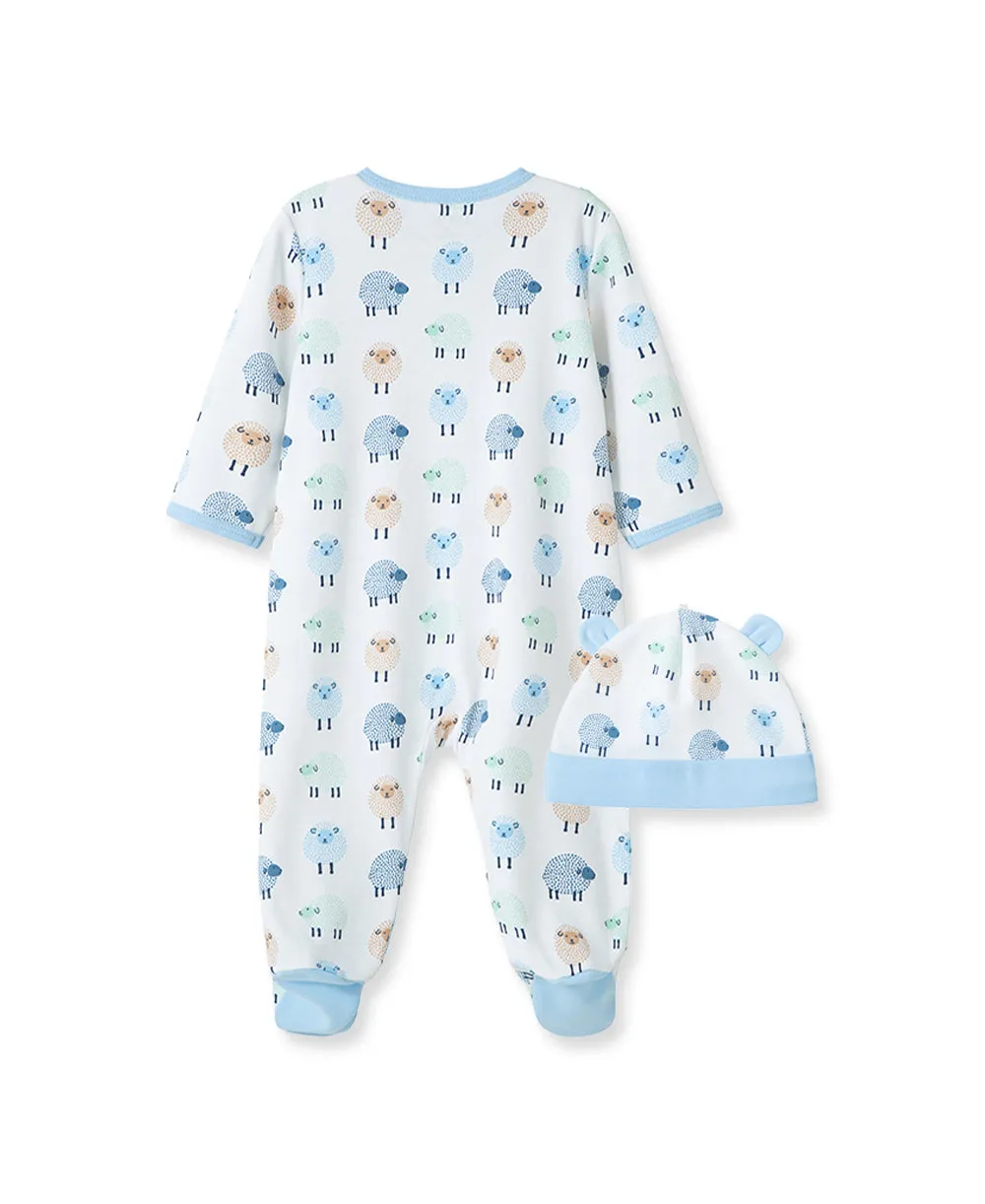 Little Lambs 2-Way-Zip Footed One-Piece and Hat