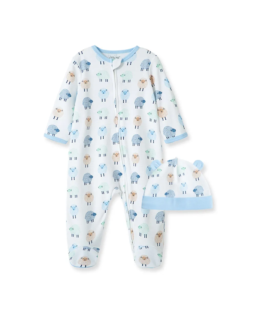 Little Lambs 2-Way-Zip Footed One-Piece and Hat