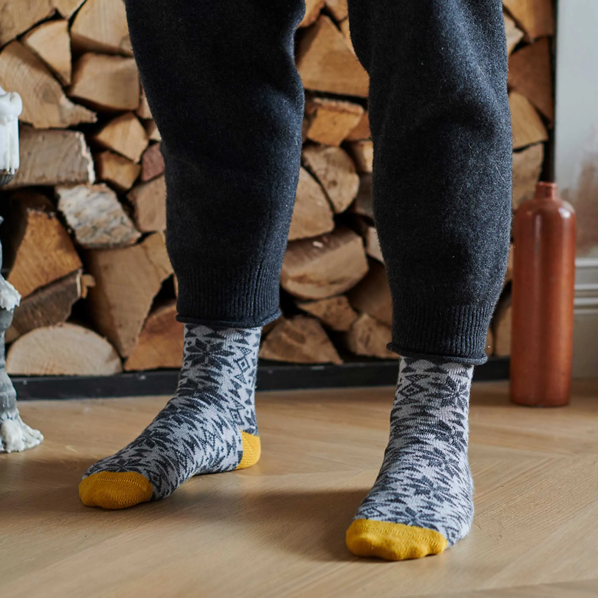 Men's Grey Fair Isle Lambswool Ankle Socks