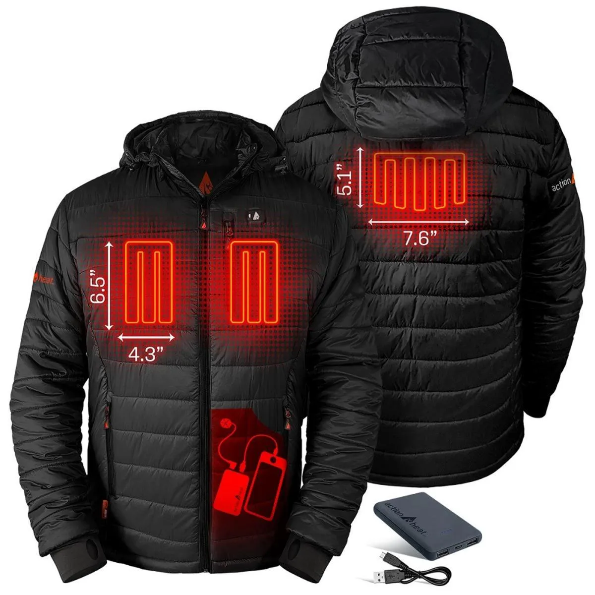 Open Box ActionHeat 5V Battery Heated Insulated Puffer Jacket W/ Hood - Men's