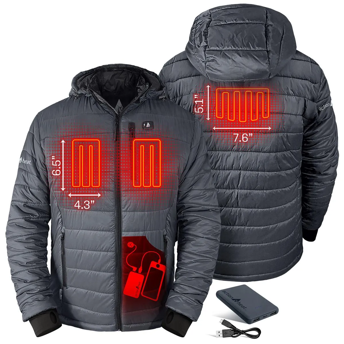 Open Box ActionHeat 5V Battery Heated Insulated Puffer Jacket W/ Hood - Men's