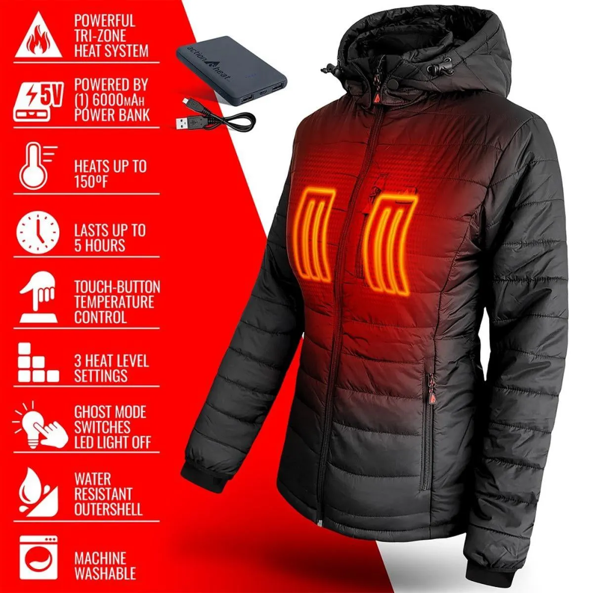 Open Box ActionHeat 5V Battery Heated Insulated Puffer Jacket W/ Hood - Women's