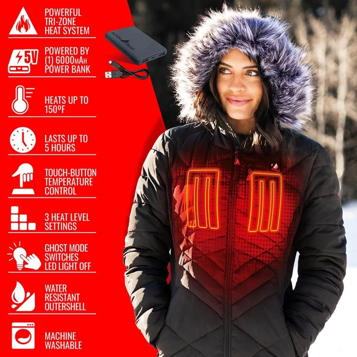 Open Box ActionHeat 5V Heated Long Puffer Jacket W/ Hood - Women's