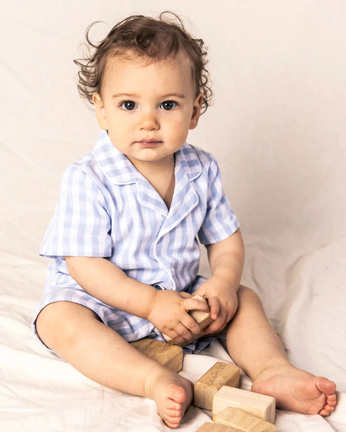 Petite Plume Light Blue Gingham Romper