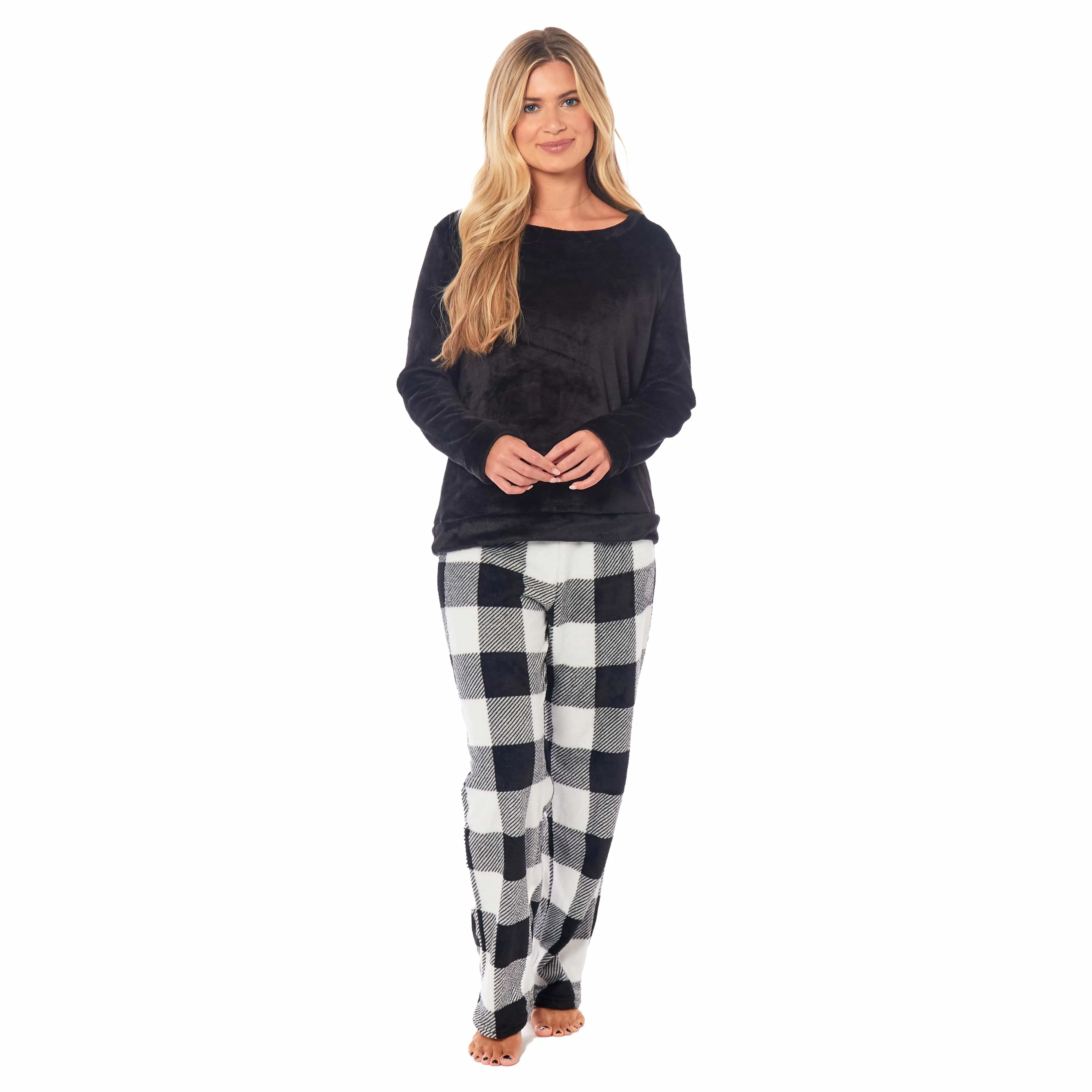 Women's Buffalo Check Fleece Pajama Set Long Sleeve Top and Bottoms Luxuriously Soft Nightwear for Cozy Comfort in Various Sizes by Daisy Dreamer