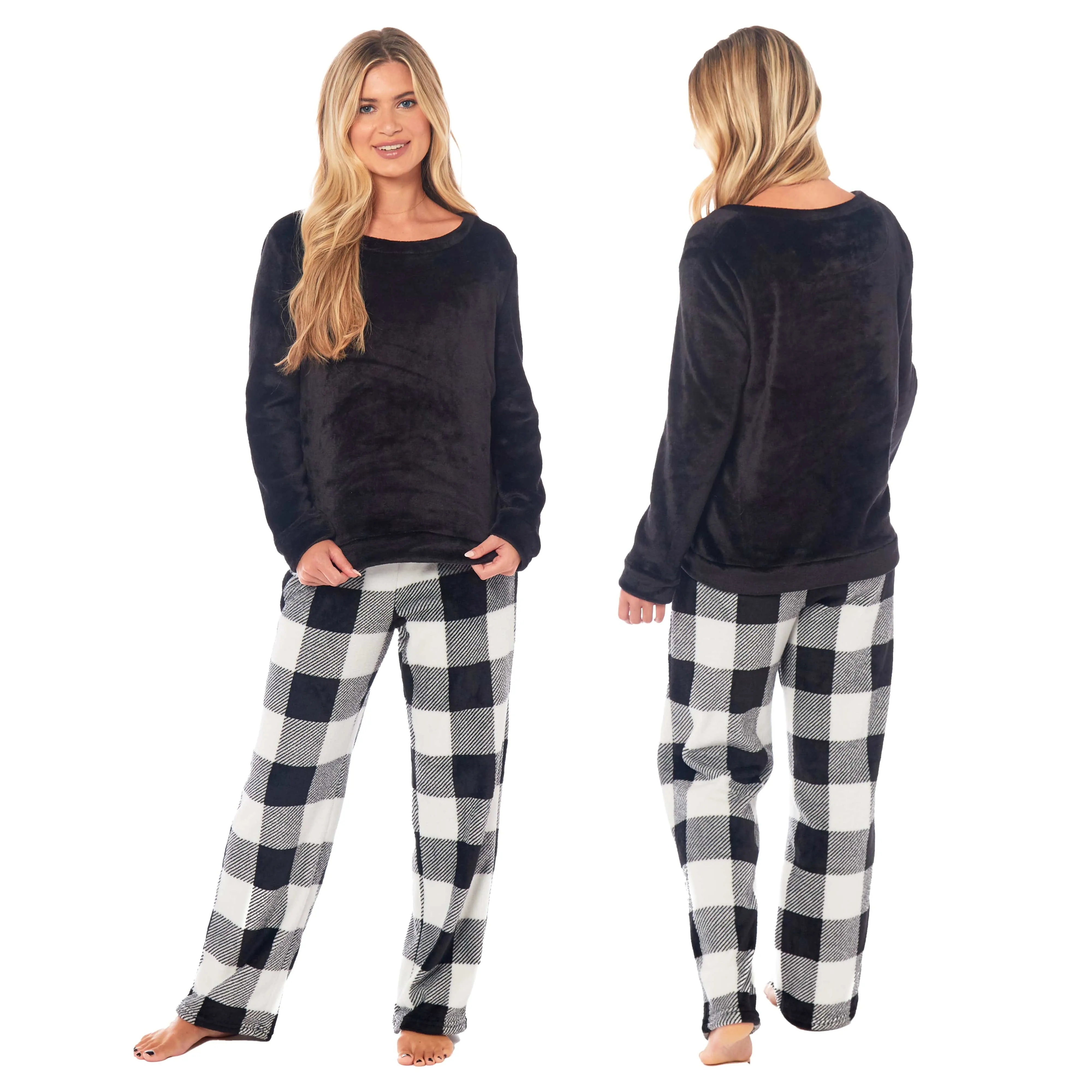 Women's Buffalo Check Fleece Pajama Set Long Sleeve Top and Bottoms Luxuriously Soft Nightwear for Cozy Comfort in Various Sizes by Daisy Dreamer