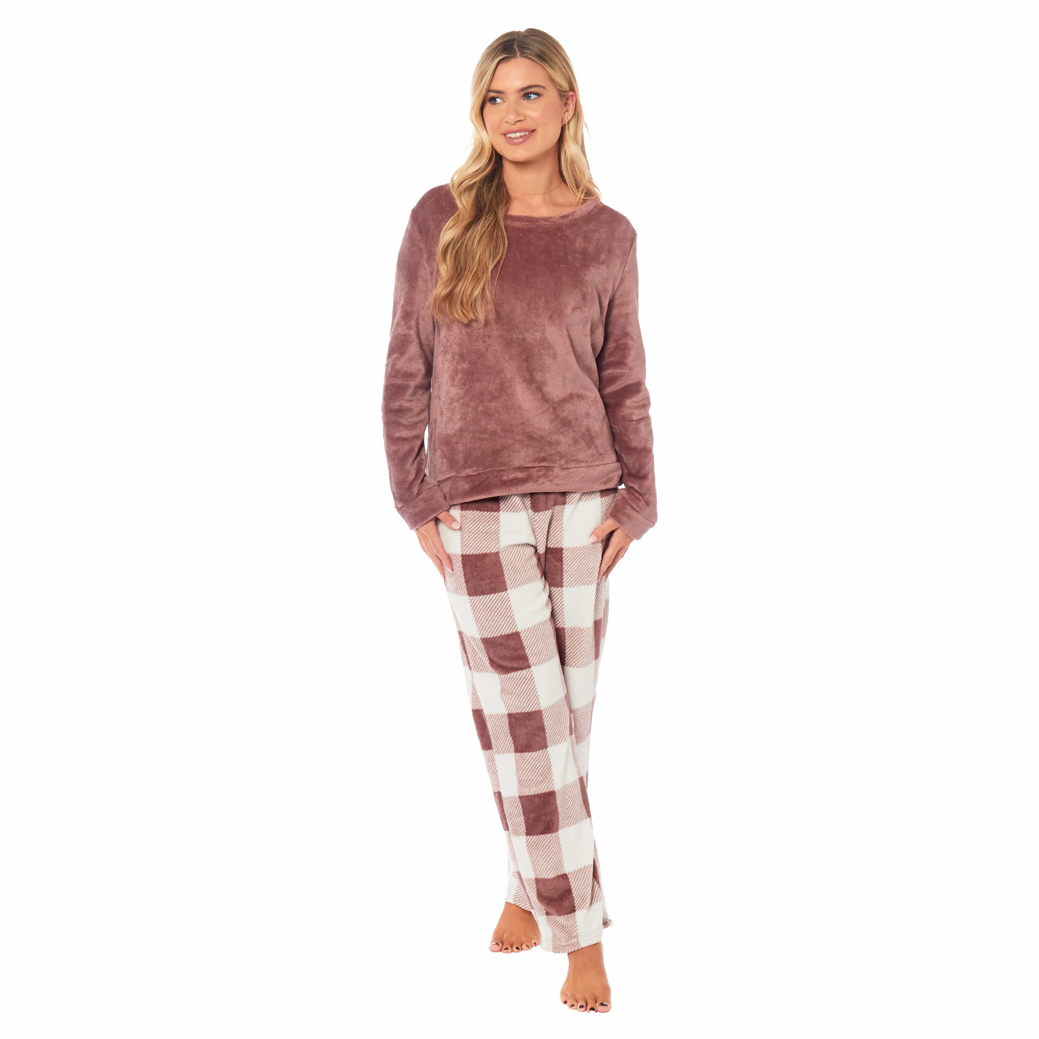 Women's Buffalo Check Fleece Pajama Set Long Sleeve Top and Bottoms Luxuriously Soft Nightwear for Cozy Comfort in Various Sizes by Daisy Dreamer